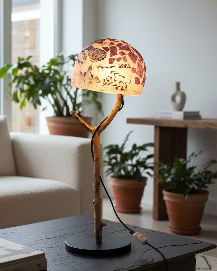 Lámpara de pie de diseño natural con base de trípode en un salón luminoso.